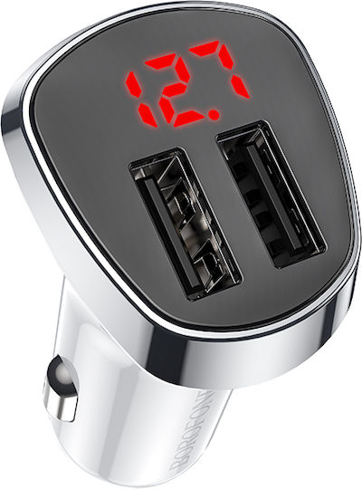 Borofone BZ15 LCD Car Charger 2.4A with Ports: 2xUSB with Cable Lightning and Voltmeter White Color