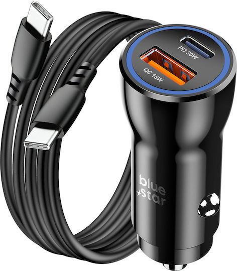 Blue Star Car Charger 30W 3A Fast Charging With One Port 1xUSB With Type-C Cable Blue Colour