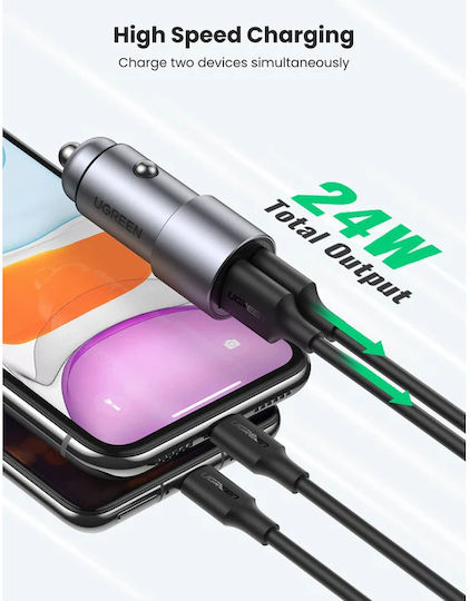 Ugreen CD130 Car Charger 24W 2.4A with 2x USB Grey Color