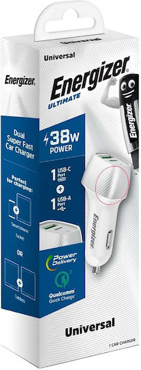 Energizer D38WS Autoladegerät 38W 4A mit Anschlüssen: 1xUSB 1xType-C Silber Farbe