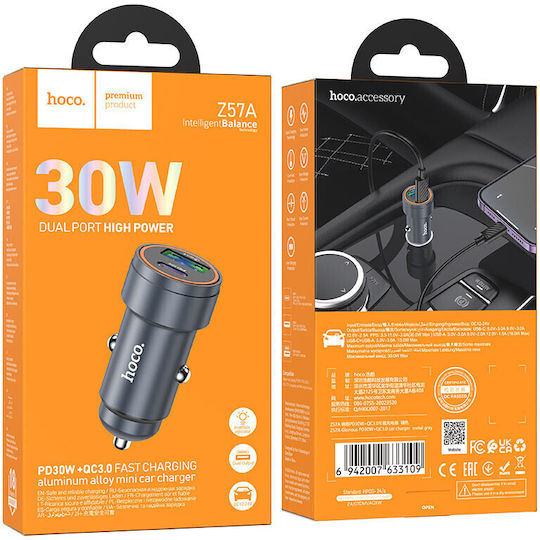 Hoco Z57A Auto-Ladegerät 30W 3A Schnellladung mit Anschlüssen: 1xUSB 1xType-C Gray Farbe