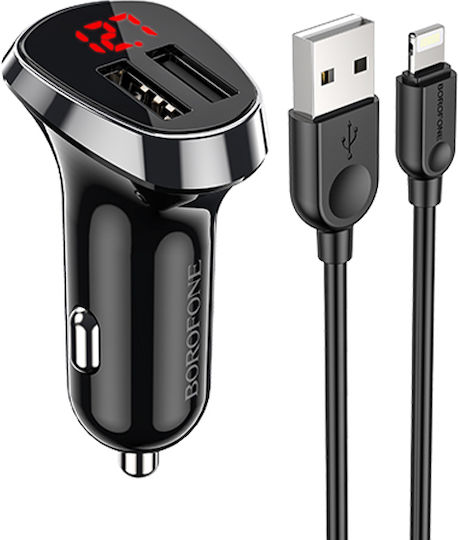 Borofone BZ15 LCD Auto-Ladegerät 2.4A mit Anschlüssen: 2xUSB mit Kabel Blitzschlag und Voltmeter Schwarz Farbe