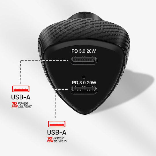 Forcell Автомобилен Заряден Устройство 40W Бързо Зареждане с 2x USB-C Порта Черен Цвят