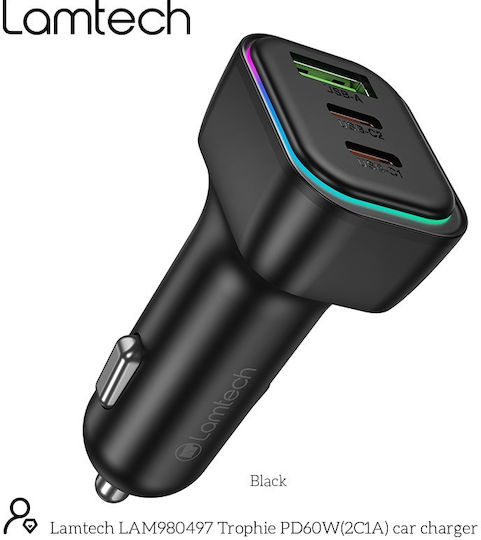 Lamtech Car Charger 60W 2.75A Fast Charging with Ports: 1xUSB 2xType-C with Cable Embedded Black Color