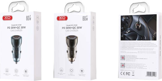 XO CC60 Car Charger 60W 3A with Ports: 1xUSB 1xType-C with Cable Type-C Blue Color
