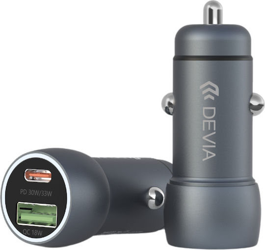 Devia Car Charger 30W with Ports: 1xUSB 1xType-C Gray Color