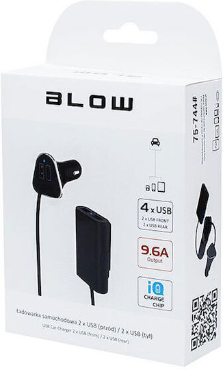 Blow DM-744 Зарядно за кола 48W 9.6Спецификация с Портове: 4xUSB Син Цвят