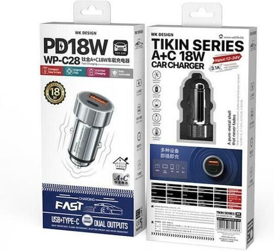 WK WP-C28 Autoladegerät 18W mit Anschlüssen: 1xUSB 1xType-C Silber Farbe