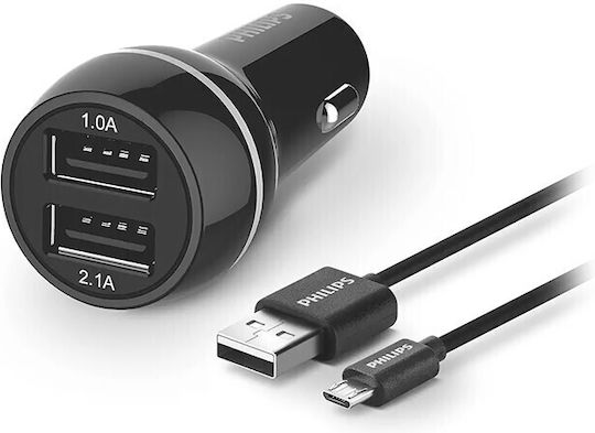 Philips Car Charger 15.5W 3.1A Fast Charging with Ports: 2xUSB Black Color