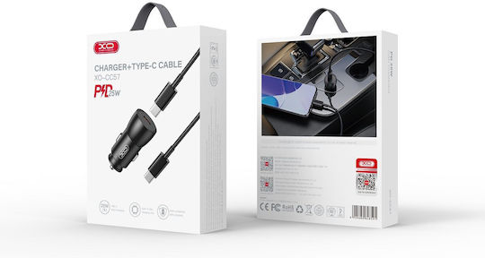XO Φορτιστής Αυτοκινήτου 25W 2A με Θύρες: 1xUSB 1xType-C μαζί με Καλώδιο Type-C Μαύρος