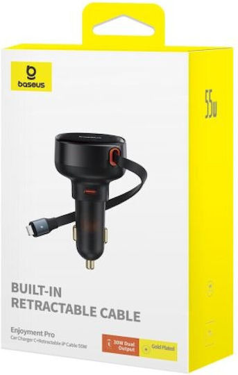 Baseus Pro Cell Phone Car Charger 55W 7A Fast Charging With One Port 1xType-C With Lightning Cable Black Colour