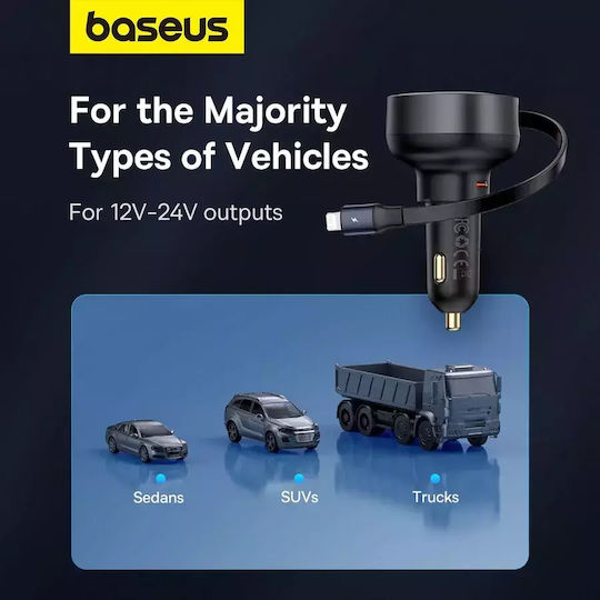 Baseus Pro Cell Phone Car Charger 55W 7A Fast Charging With One Port 1xType-C With Lightning Cable Black Colour