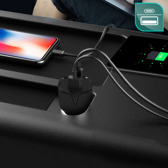 Setty Φορτιστής Αυτοκινήτου 2.4A με Θύρες: 1xUSB 1xType-C Μαύρο Χρώμα