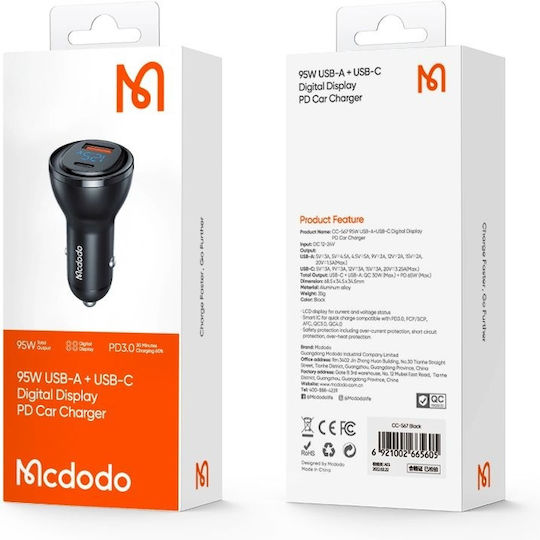 Mcdodo Mcdodo Handy-Autoladegerät 95W 5A mit Anschlüssen: 1xUSB 1xType-C Schwarz Farbe