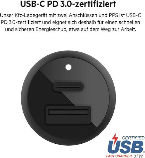 Belkin Φορτιστής Αυτοκινήτου 37W με Θύρες: 1xUSB 1xType-C Μαύρος