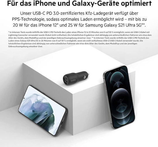 Belkin Φορτιστής Αυτοκινήτου 37W με Θύρες: 1xUSB 1xType-C Μαύρος