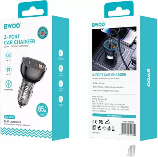 BWOO Încărcător Auto 68W Încărcare Rapidă cu Porturi: 1xUSB 2xType-C Negru Culoare