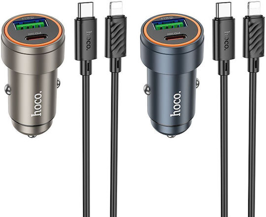 Hoco Автомобилен Зарядно Устройство 30W 3A Бързо Зареждане с Портове 1xUSB-A 1xType-C с Кабел Lightning Черен Цвят