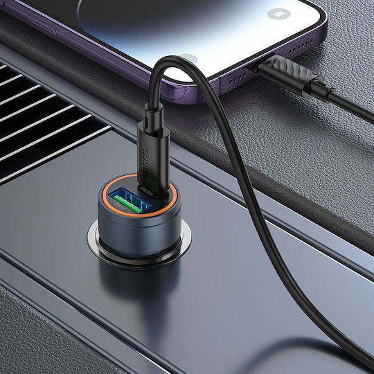 Hoco Автомобилен Зарядно Устройство 30W 3A Бързо Зареждане с Портове 1xUSB-A 1xType-C с Кабел Lightning Черен Цвят