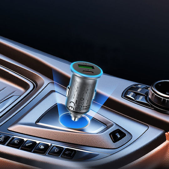 Acefast Auto-Ladegerät 65W Schnellladung mit Anschlüssen: 1xUSB 1xType-C mit Kabel Typ-C,TC-TC Gray Farbe