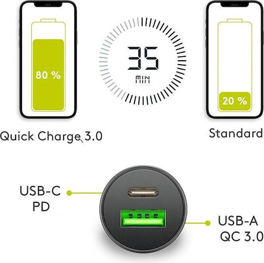Goobay Φορτιστής Αυτοκινήτου 27W 3A με Θύρες: 1xUSB 1xType-C Μαύρος
