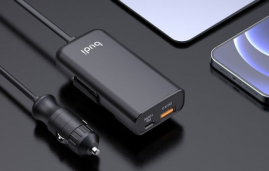Budi Qc 3.0 Schwarzer 050649 Handy-Autoladegerät 105W 3A Schnellladen mit Anschlüssen: 1xUSB-A 1xType-C Eingebettetes Kabel Schwarz Farbe