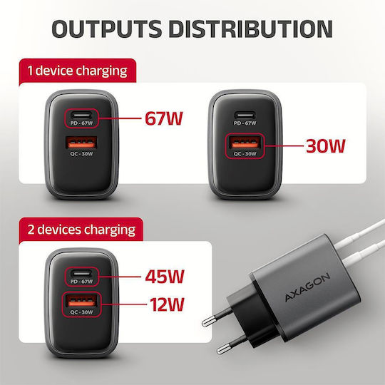 Axagon Φορτιστής Χωρίς Καλώδιο με Θύρα USB-A και Θύρα USB-C 67W Power Delivery / Quick Charge 3.0 / Quick Charge 4+ / Quick Charge 2.0 / SuperCharge Μαύρος (ACU-PQ67D)