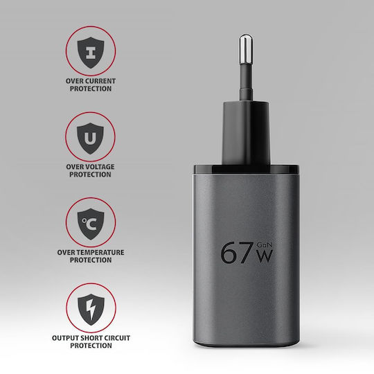 Axagon Φορτιστής Χωρίς Καλώδιο με Θύρα USB-A και Θύρα USB-C 67W Power Delivery / Quick Charge 3.0 / Quick Charge 4+ / Quick Charge 2.0 / SuperCharge Μαύρος (ACU-PQ67D)