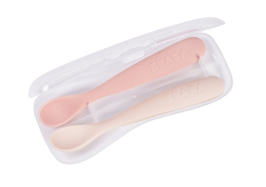 Beaba Baby Löffel Set aus Silikon mit Etui für 4+ Monate Rosa 2 Stück