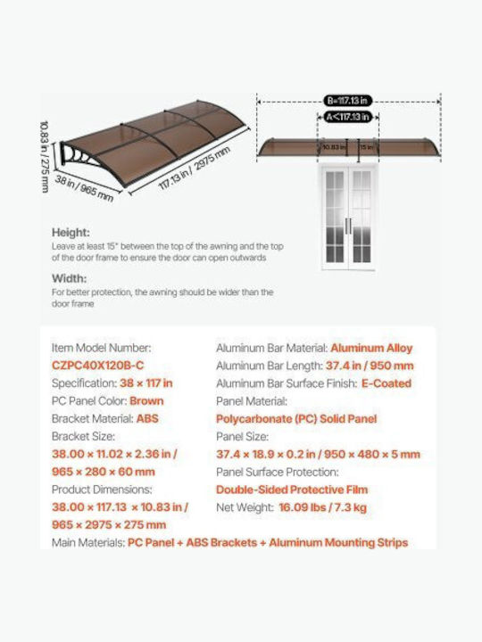 Vevor Polycarbonate Door / Window Canopy Roof P117xW38cm
