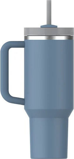 Stanley Quencher Handled Tumbler Thermos Bottle Stainless Steel / Plastic BPA Free 1.18lt Indigo With Straw And Handle