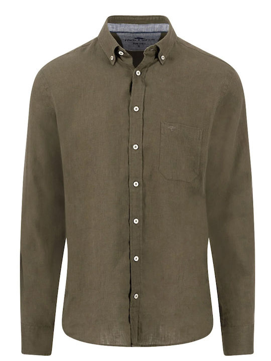 Long Sleeve Linen Shirt in Regular Fit Dark Khaki
