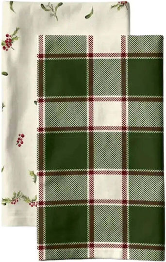 Set Of Kitchen Towels Holly Cotton Design Mistletoe & Check 2 Pieces Pgst0065