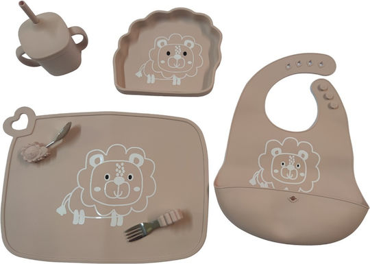 Queen Mother Lion Baby Feeding Set Made of Silicone with Anti-Slip Base Pink 6 Pieces for 6+ Months
