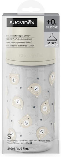 Suavinex Glass Baby Bottle Anti-Colic with Silicone Nipple for 0+, 0+ m, months Beige 240ml