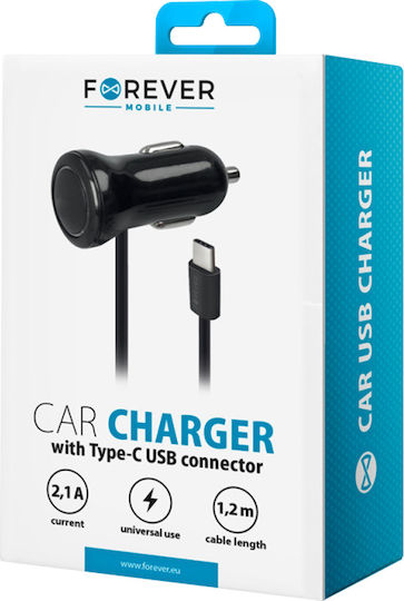 Forever M01 Încărcător Auto 2.1A cu un Port: 1xUSB împreună cu Cablu Type-C Negru Culoare