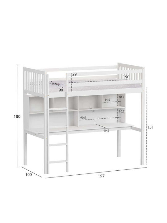 Kids Bed Bunk Single with Desk White for Mattress 90x190cm