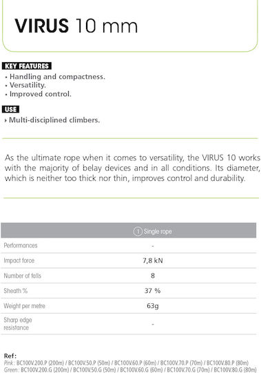 Beal Virus C100V.60.P Δυναμικό Σχοινί Ορειβασίας με Μήκος 60m Ροζ