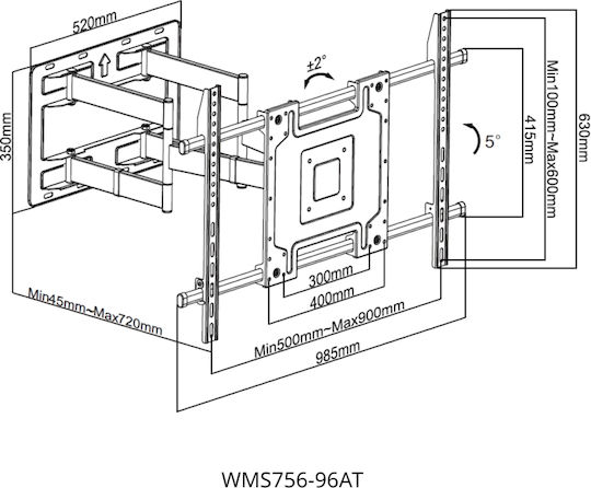 Focus Mount WMS756-96AT Βάση Τηλεόρασης Τοίχου με Βραχίονα έως 100" και 100kg