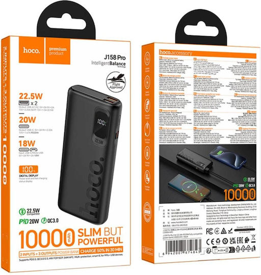 Hoco J158 Pro Power Bank 10000mAh 22.5W με 2 Θύρες USB-A και Θύρα USB-C Μαύρο