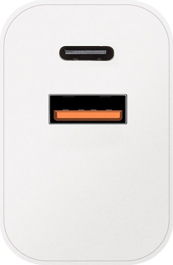 Obal:Me Зарядно Устройство с USB-A и USB-C Изходни Портове и Кабел USB-C - USB-C 20W Quick Charge 3.0 Бял (OM20WCASET)