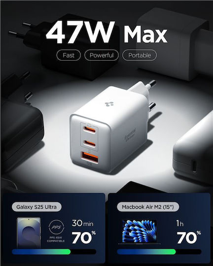 Spigen Ladegerät ohne Kabel mit USB-A Anschluss und 2 USB-C Anschlüsse 47W Stromlieferung Weißs (Essential)