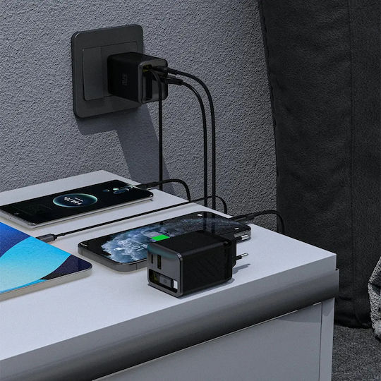 Dudao Charger with Built-in Cable GaN with USB-A Port and USB-C Port USB-C 67W Power Delivery / Quick Charge 3.0 Blacks (A67EU)