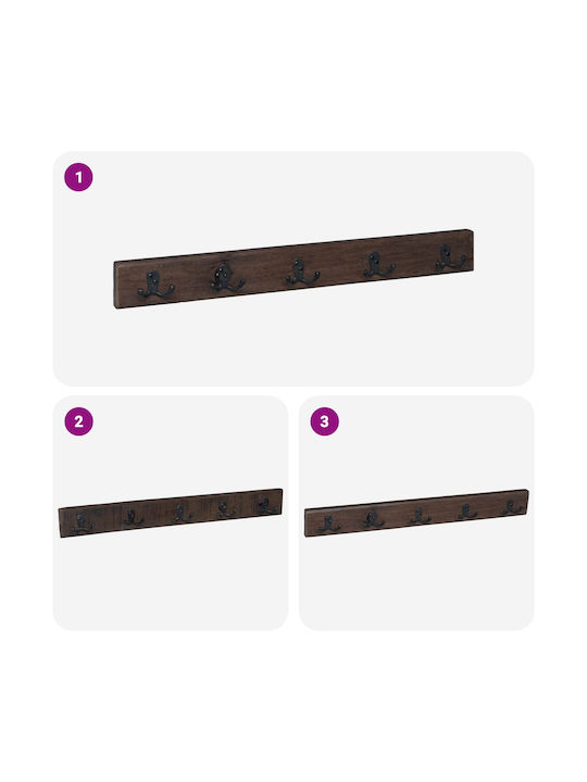 vidaXL Wooden Wall Hanger 10 Hooks Brown 60x8x7cm 4 Pieces