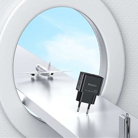 Yesido Incarcator Fara Cablu GaN cu Port USB-A si Port USB-C 30W Power Delivery Negru