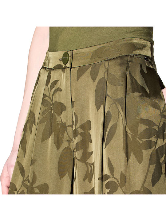Women's High Rise Satin Pantaloons in Straight Leg Style Floral Khaki