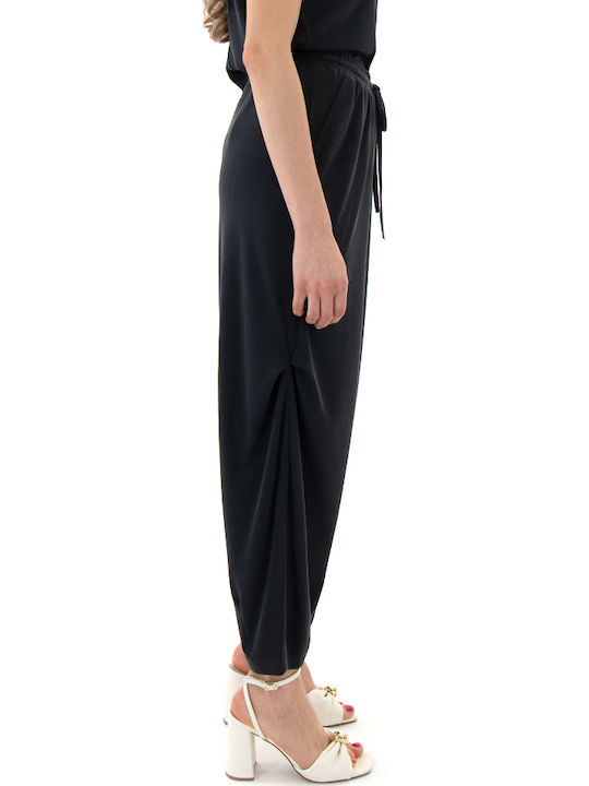 Women's High Rise Ribbed Trousers with Rubber Band in Loose Fit Black