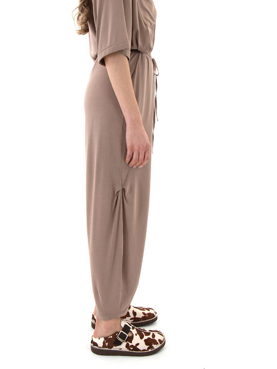 Women's High Rise Ribbed Trousers with Rubber Band in Loose Fit Beige