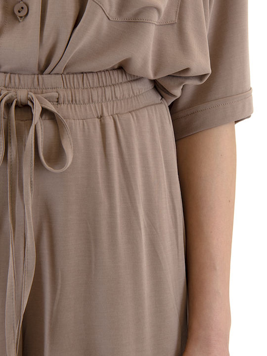 Women's High Rise Ribbed Trousers with Rubber Band in Loose Fit Beige