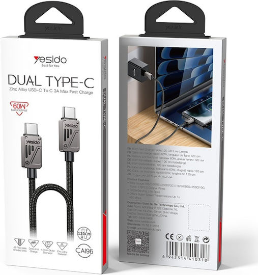 Datenkabel Type-c Zu Type-c Pd 60w 480mbps 1.2m Zinklegierung Yesido Schwarzes